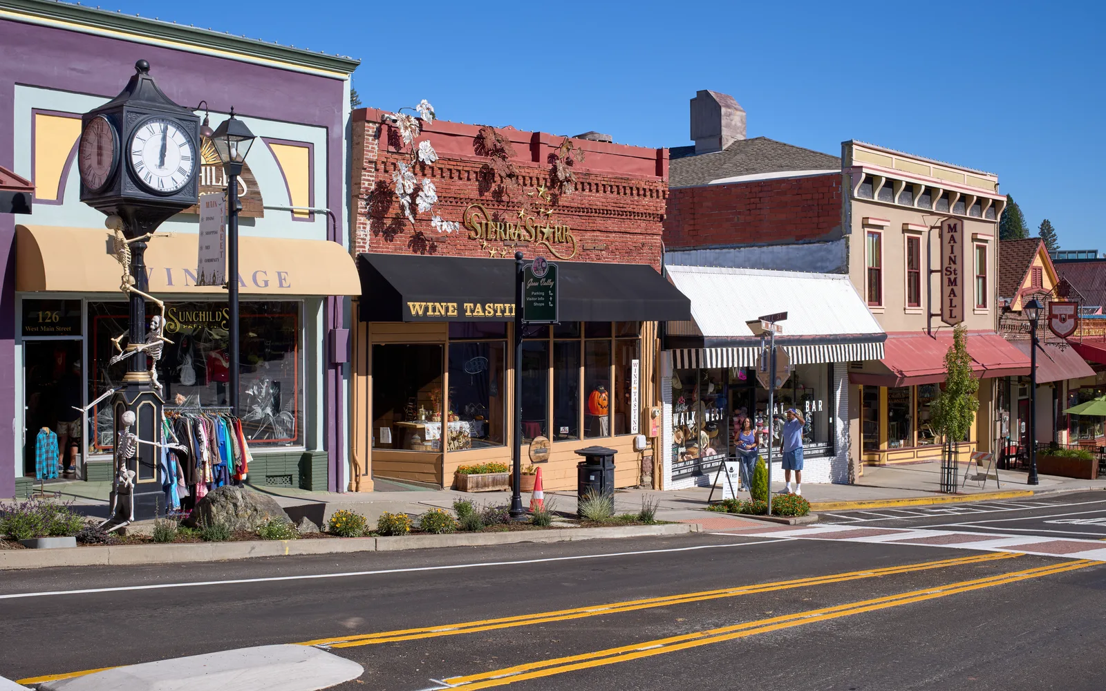 Historic storefronts and buildings along Main Street in a California downtown with period architecture